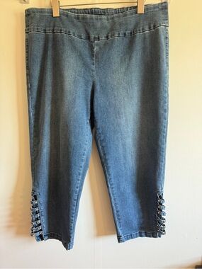 Joseph Ribkoff Pull-On Crop Jeggings Crystal Ladder Hem Denim Size 18